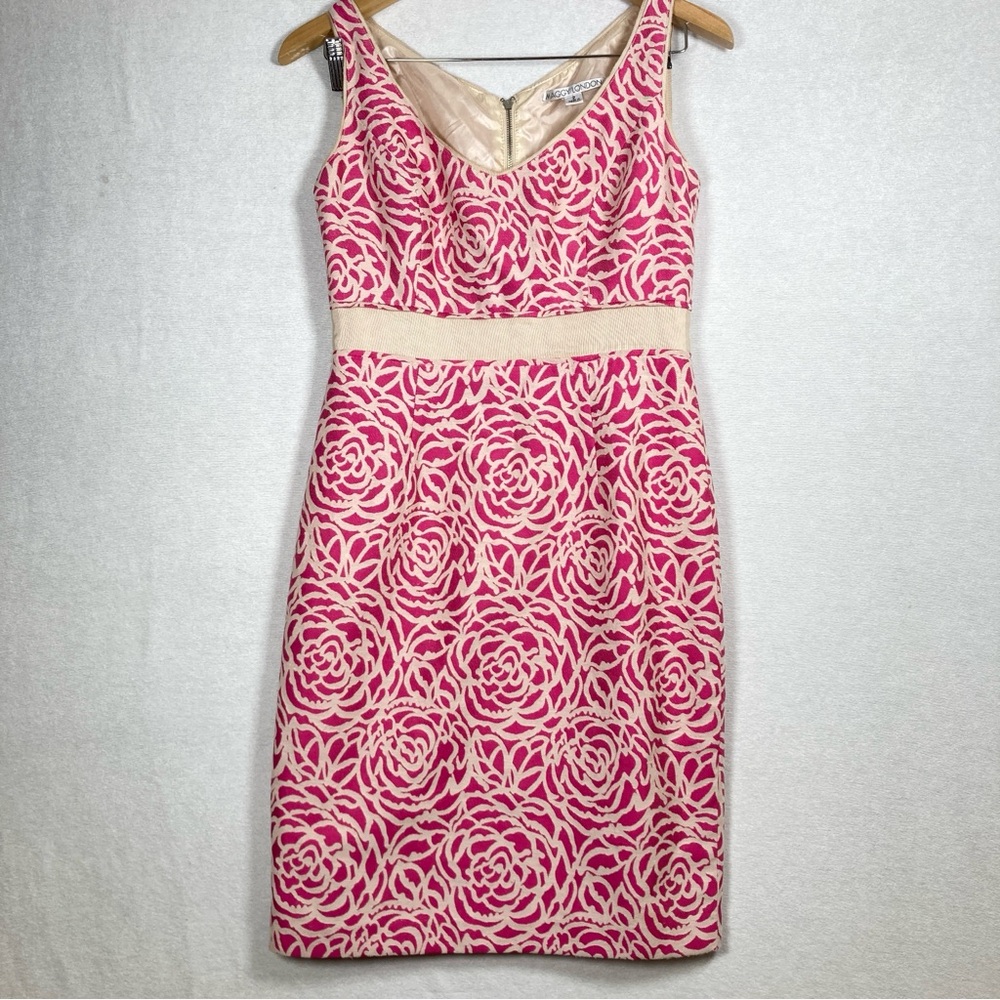 Maggy London Women’s Sheath Dress V-Neck Sleeveless Pink White Back Zipper Sz 2 - Picture 1 of 12